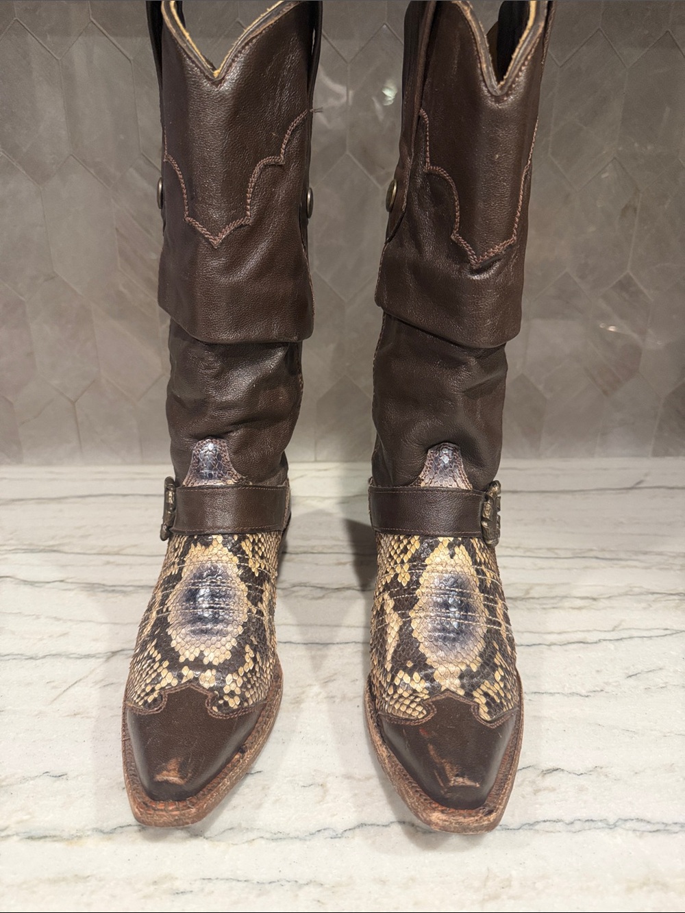 Corral Brown Leather and Snakeskin Women’s Mid-Calf Heeled Boots